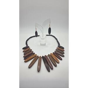 Vintage Wooden Bead Necklace & Earrings Set Tribal Boho Statement Jewelry...